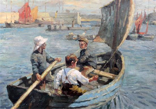 After Harold Harvey Sailing in Newlyn Harbour,1906 24 x 35in.